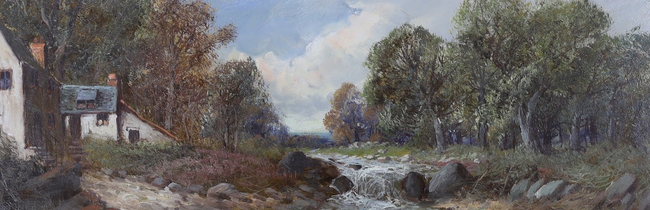 Aubrey Ramus (F. Jamieson) (1895-1950), pair of oils on board, Landscapes with stream and harvest field, one signed, 19 x 55cm